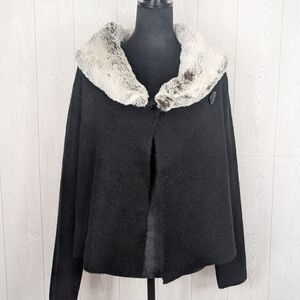 Cynthia Rowley Cardigan Sweater Removable Faux Fur Collar Women's Size L Black